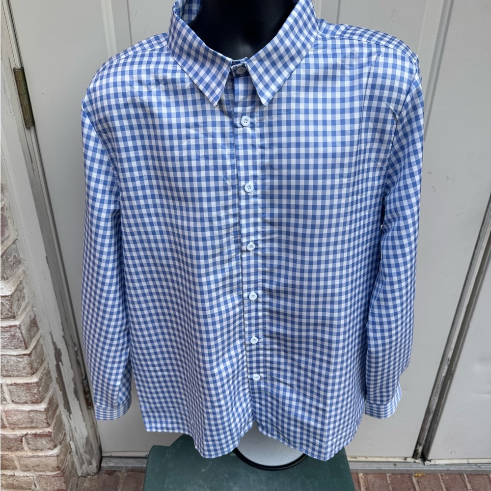 Blue & White, Long Sleeve, Gingham, Shirt, Size XL